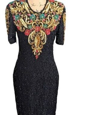 Vintage 100% Silk Black Tie SCALA Sequined Beaded Black Dress Size Large